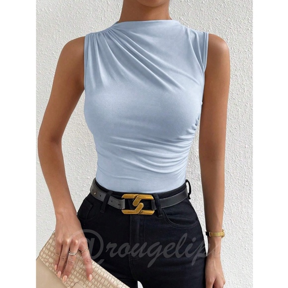 Ruched Light Blue Asymmetrical Sleeveless Shirt Top - Picture 6 of 9
